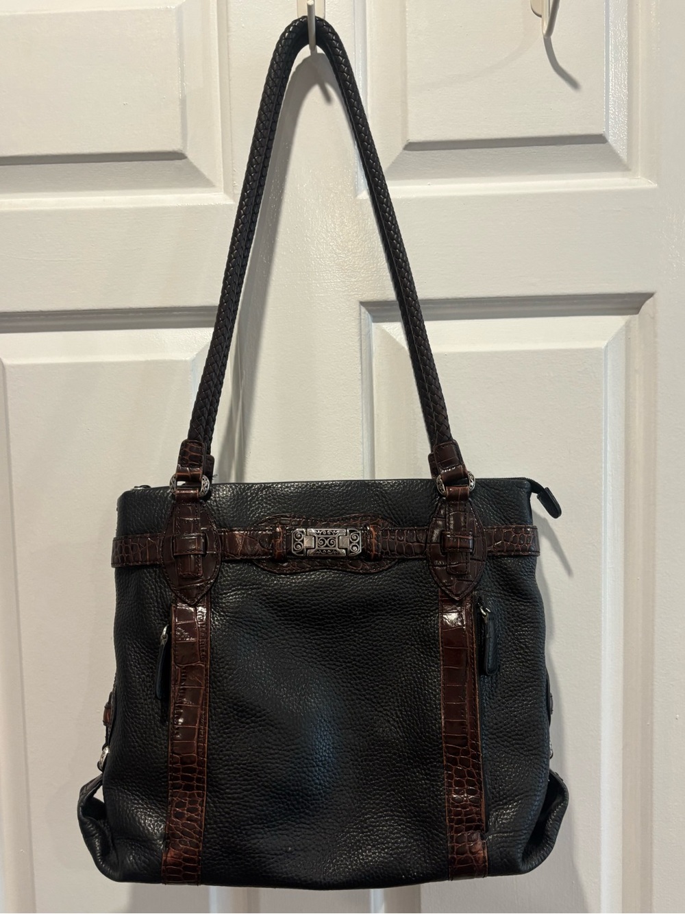 Vintage Brighton Black Brown Croc Embossed Leather Shoulder Bag